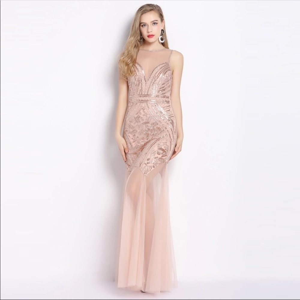 Beaded Sequin and Tulle Rose Gold Prom Dress